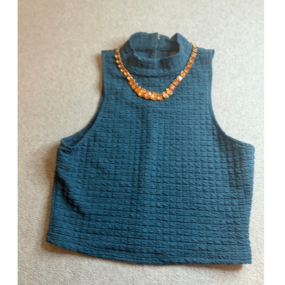 Wild Fable Teal Blue Quilted Puffer Vest Mock Neck Crop Top XS